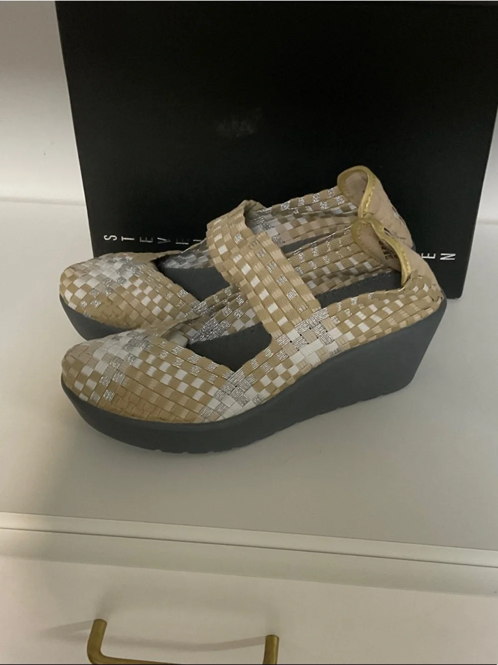 Steven By Steve Madden Beige and Silver Woven Mary Jane Wedges